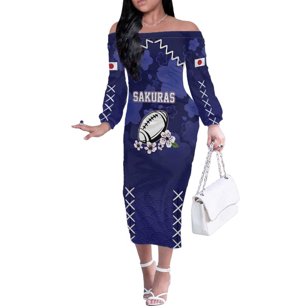 Custom Japan Rugby Pacific Off The Shoulder Long Sleeve Dress Sakuras Rising Sun with Polynesian Pattern - Wonder Print Shop