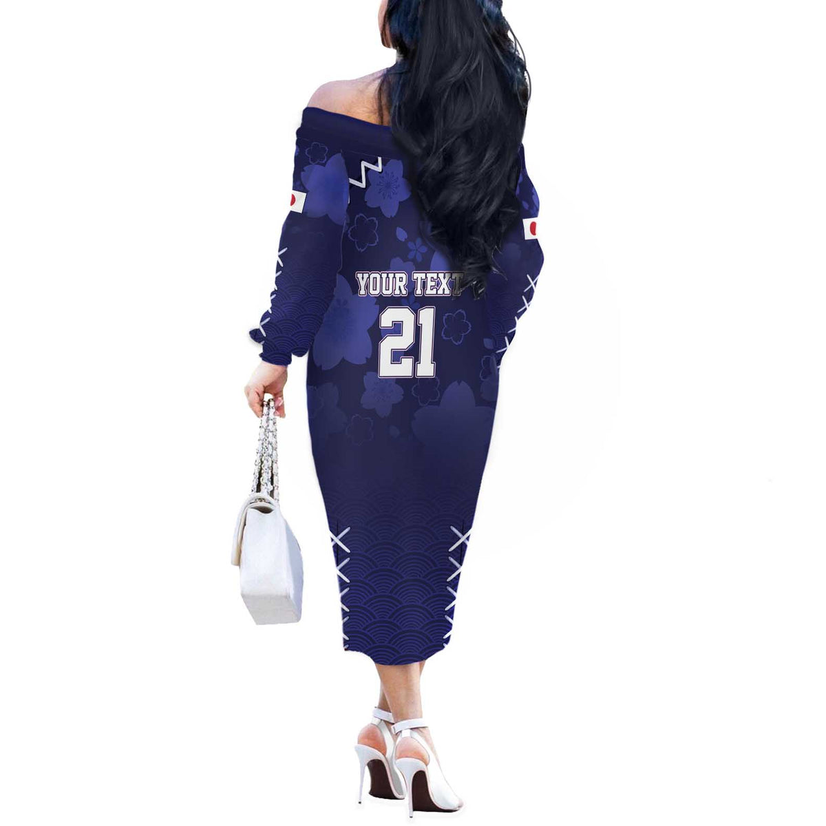 Custom Japan Rugby Pacific Off The Shoulder Long Sleeve Dress Sakuras Rising Sun with Polynesian Pattern - Wonder Print Shop
