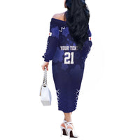 Custom Japan Rugby Pacific Off The Shoulder Long Sleeve Dress Sakuras Rising Sun with Polynesian Pattern - Wonder Print Shop