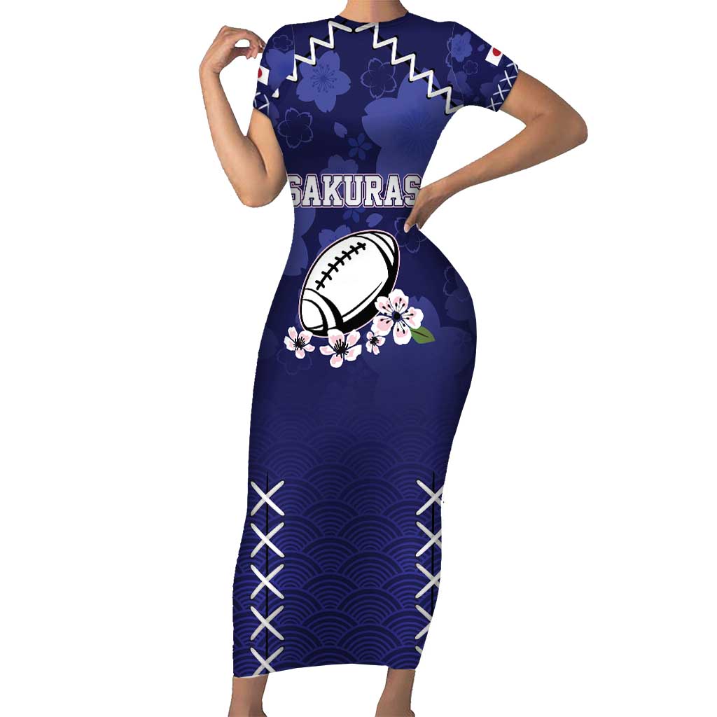 Custom Japan Rugby Pacific Short Sleeve Bodycon Dress Sakuras Rising Sun with Polynesian Pattern - Wonder Print Shop