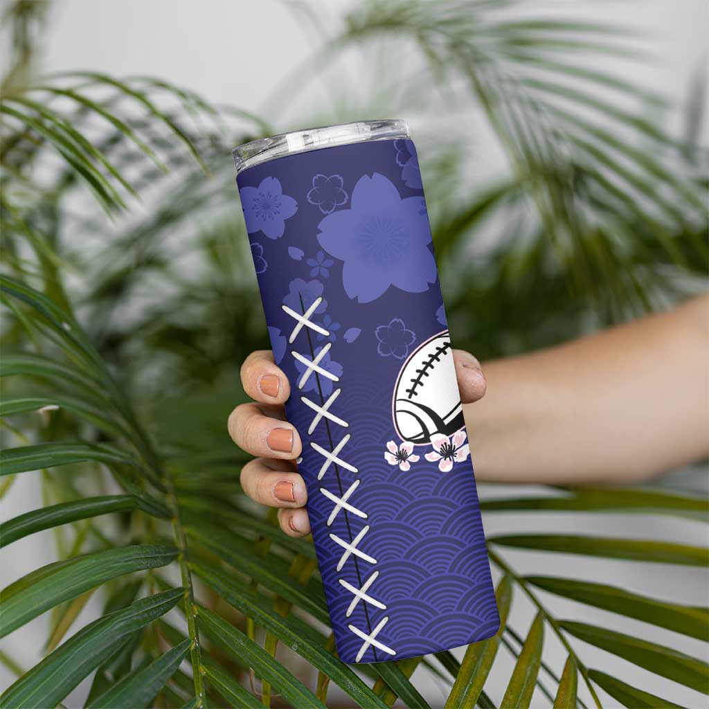 Custom Japan Rugby Pacific Skinny Tumbler Sakuras Rising Sun wiht Polynesian Pattern - Wonder Print Shop