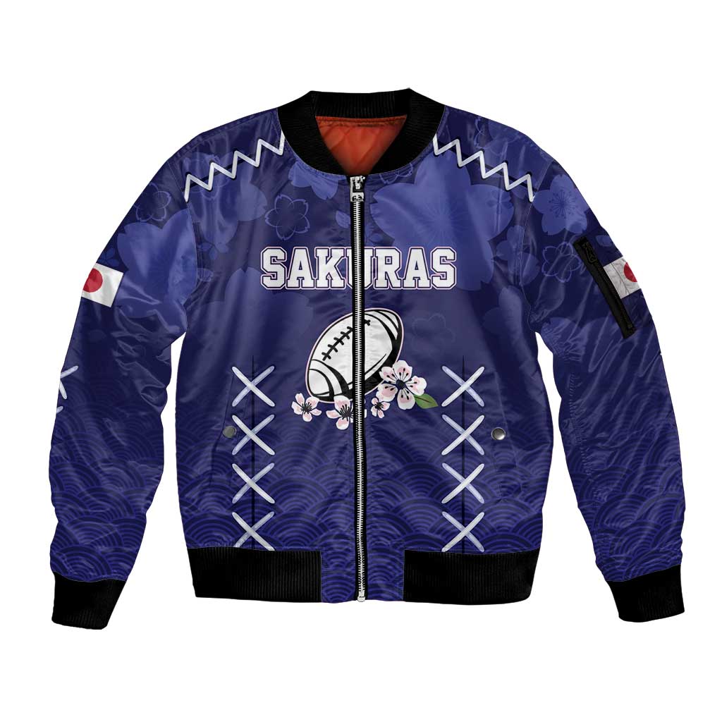 Custom Japan Rugby Pacific Sleeve Zip Bomber Jacket Sakuras Rising Sun with Polynesian Pattern - Wonder Print Shop