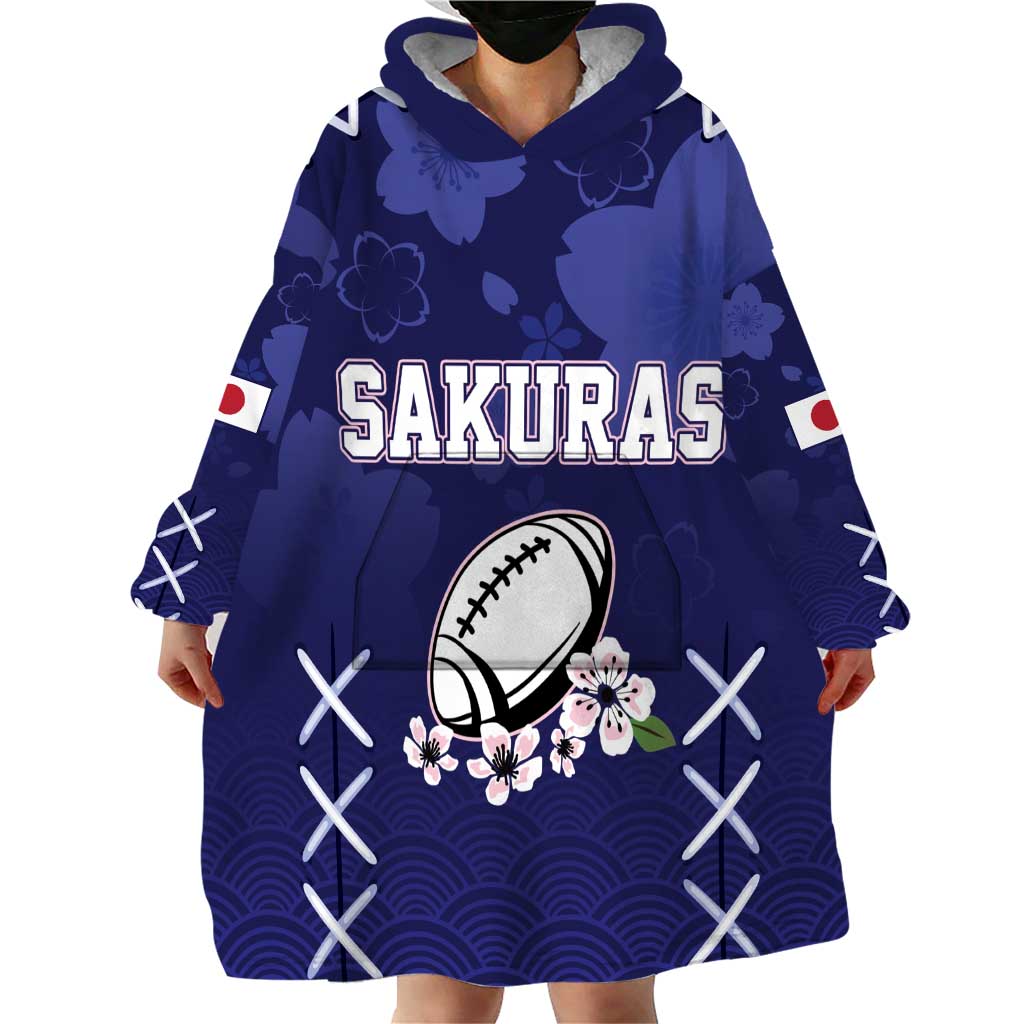 Custom Japan Rugby Pacific Wearable Blanket Hoodie Sakuras Rising Sun with Polynesian Pattern - Wonder Print Shop