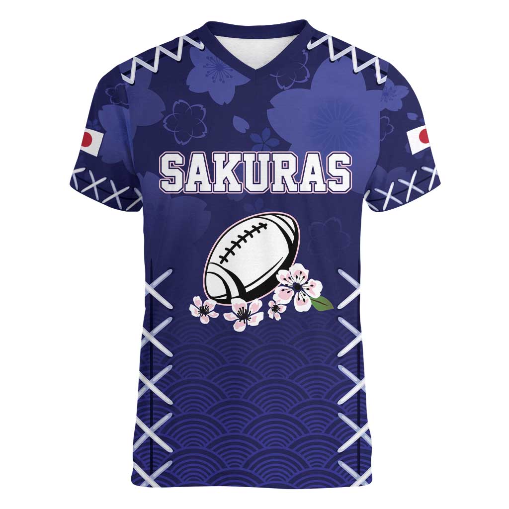 Custom Japan Rugby Pacific Women V-Neck T-Shirt Sakuras Rising Sun with Polynesian Pattern - Wonder Print Shop