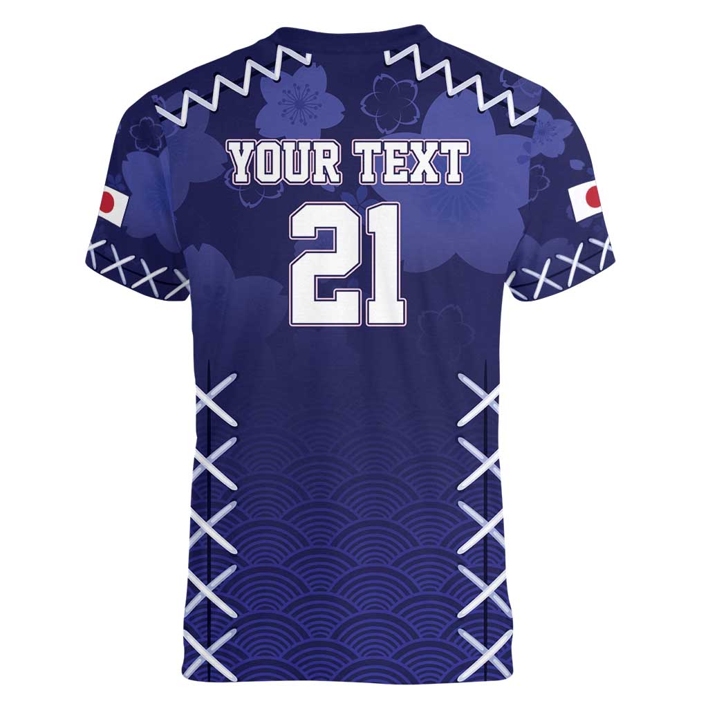 Custom Japan Rugby Pacific Women V-Neck T-Shirt Sakuras Rising Sun with Polynesian Pattern - Wonder Print Shop