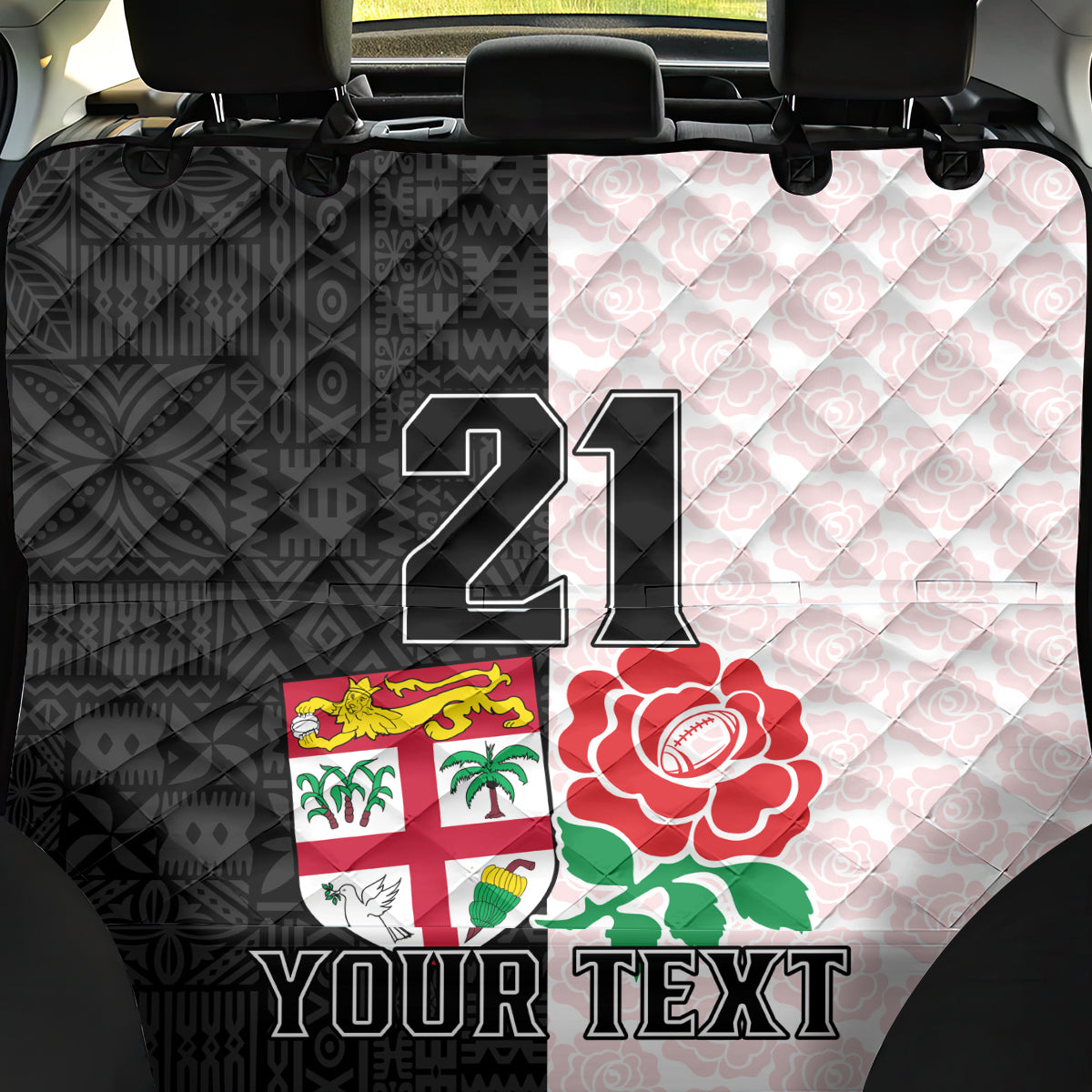 Custom Fiji England Rugby Back Car Seat Cover Tapa Pattern and Rose Flower World Cup 2023 LT9 - Wonder Print Shop