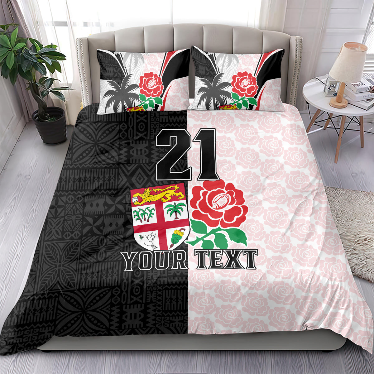 Custom Fiji England Rugby Bedding Set Tapa Pattern and Rose Flower World Cup 2023 LT9 - Wonder Print Shop