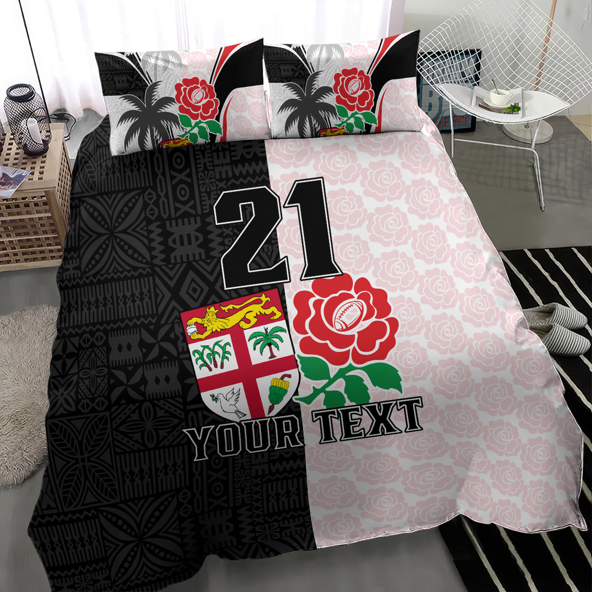 Custom Fiji England Rugby Bedding Set Tapa Pattern and Rose Flower World Cup 2023 LT9 - Wonder Print Shop