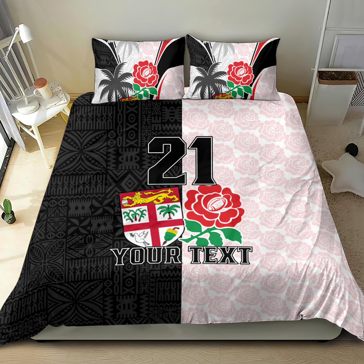 Custom Fiji England Rugby Bedding Set Tapa Pattern and Rose Flower World Cup 2023 LT9 - Wonder Print Shop