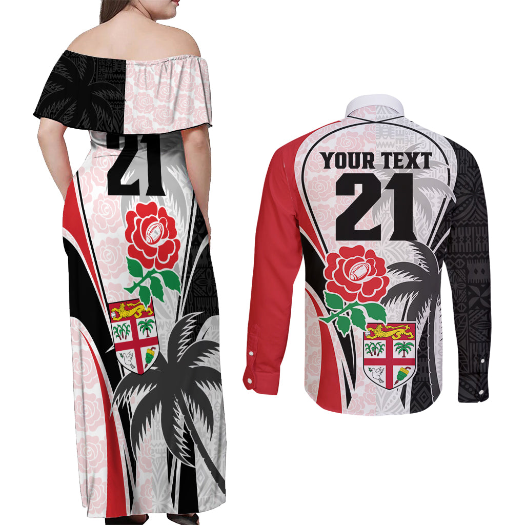 Custom Fiji England Rugby Couples Matching Off Shoulder Maxi Dress and Long Sleeve Button Shirts Tapa Pattern and Rose Flower World Cup 2023 LT9 - Wonder Print Shop