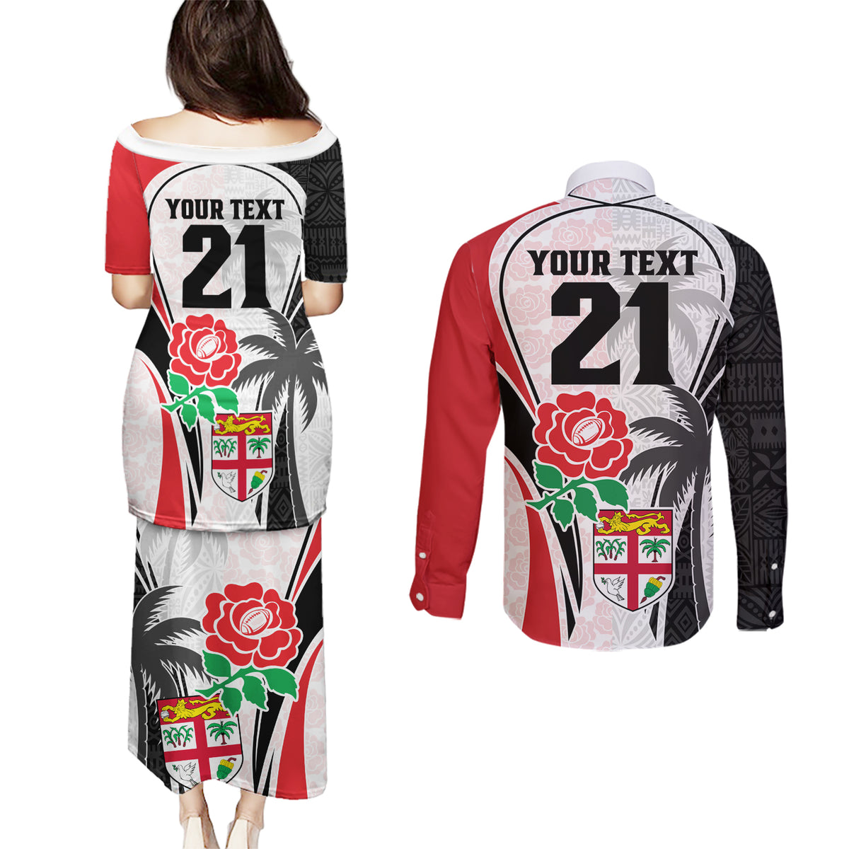 Custom Fiji England Rugby Couples Matching Puletasi Dress and Long Sleeve Button Shirts Tapa Pattern and Rose Flower World Cup 2023 LT9 - Wonder Print Shop