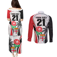 Custom Fiji England Rugby Couples Matching Puletasi Dress and Long Sleeve Button Shirts Tapa Pattern and Rose Flower World Cup 2023 LT9 - Wonder Print Shop