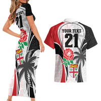 Custom Fiji England Rugby Couples Matching Short Sleeve Bodycon Dress and Hawaiian Shirt Tapa Pattern and Rose Flower World Cup 2023 LT9 - Wonder Print Shop