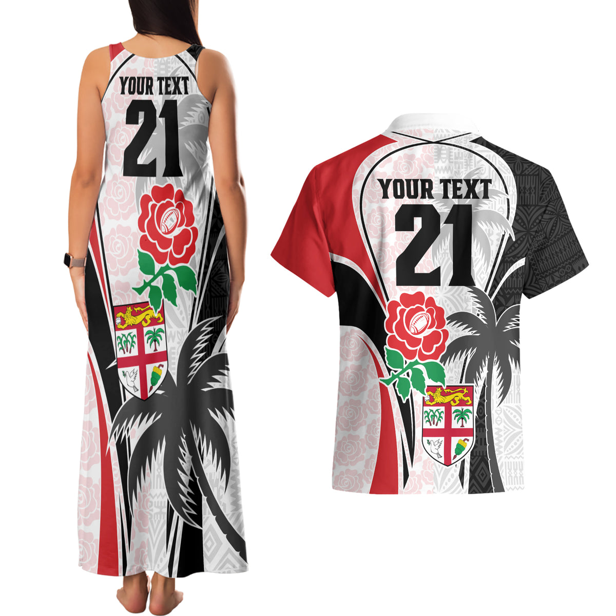 Custom Fiji England Rugby Couples Matching Tank Maxi Dress and Hawaiian Shirt Tapa Pattern and Rose Flower World Cup 2023 LT9 - Wonder Print Shop