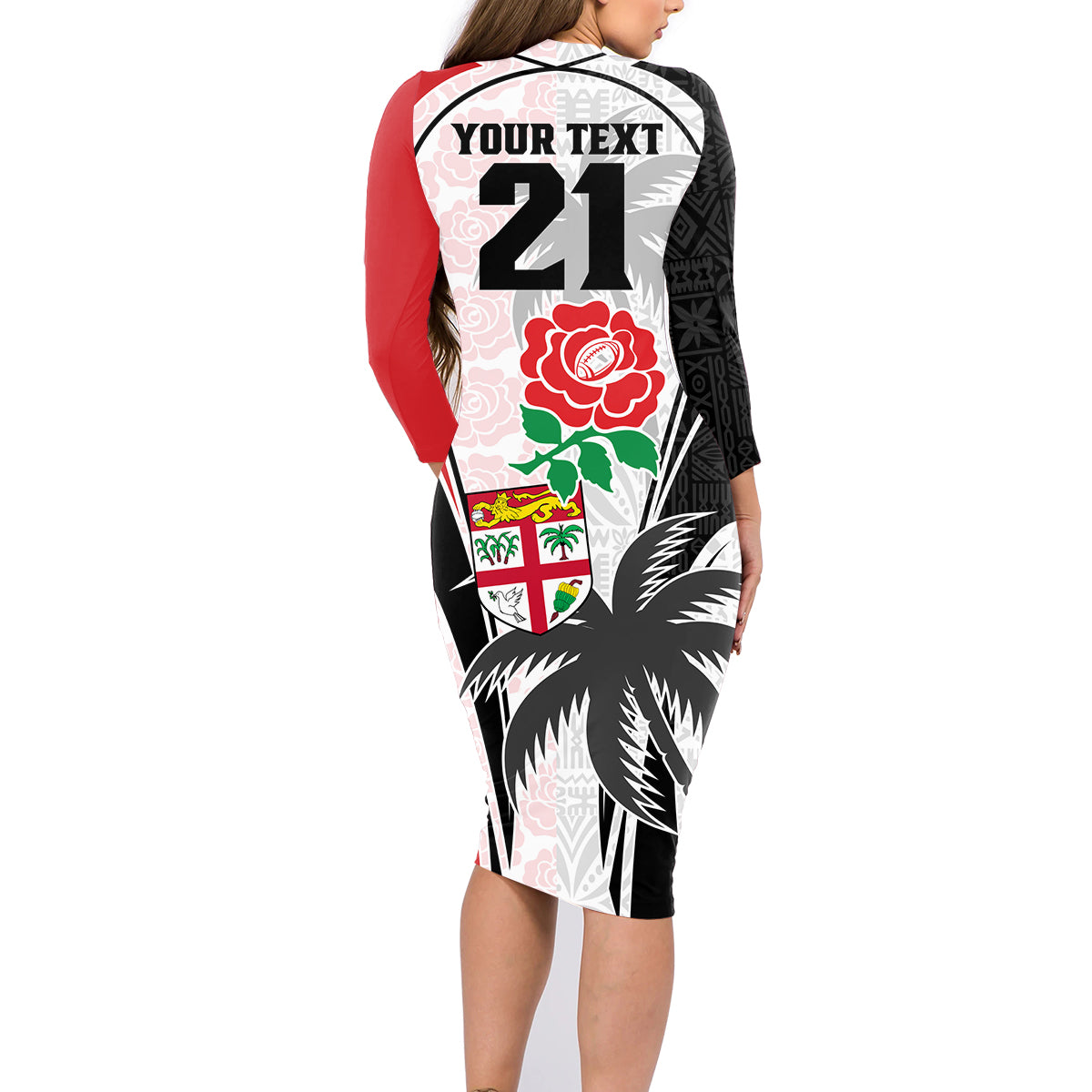 Custom Fiji England Rugby Family Matching Long Sleeve Bodycon Dress and Hawaiian Shirt Tapa Pattern and Rose Flower World Cup 2023 LT9 - Wonder Print Shop