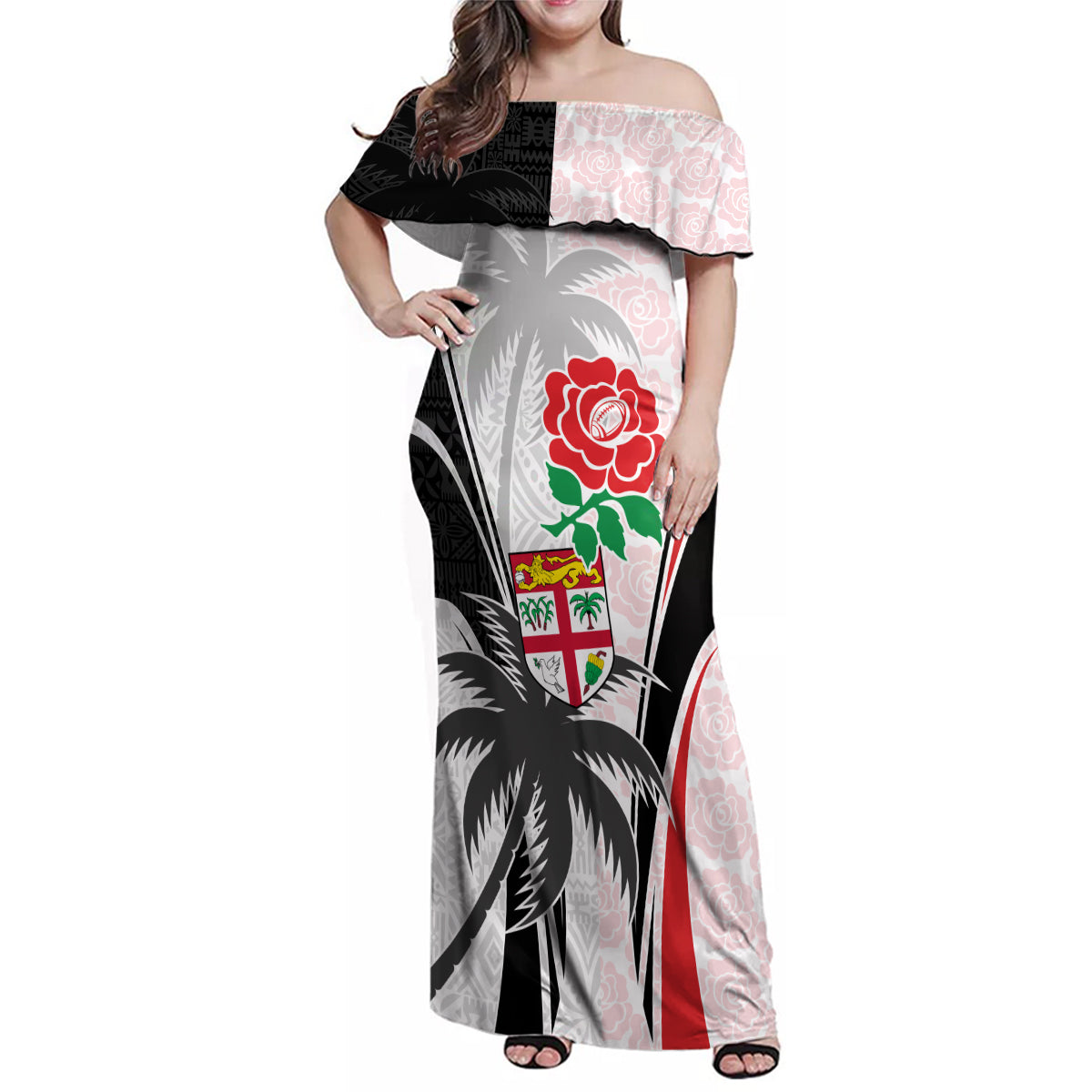 Custom Fiji England Rugby Family Matching Off Shoulder Maxi Dress and Hawaiian Shirt Tapa Pattern and Rose Flower World Cup 2023 LT9 - Wonder Print Shop