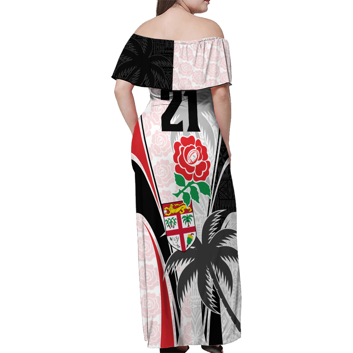 Custom Fiji England Rugby Family Matching Off Shoulder Maxi Dress and Hawaiian Shirt Tapa Pattern and Rose Flower World Cup 2023 LT9 - Wonder Print Shop