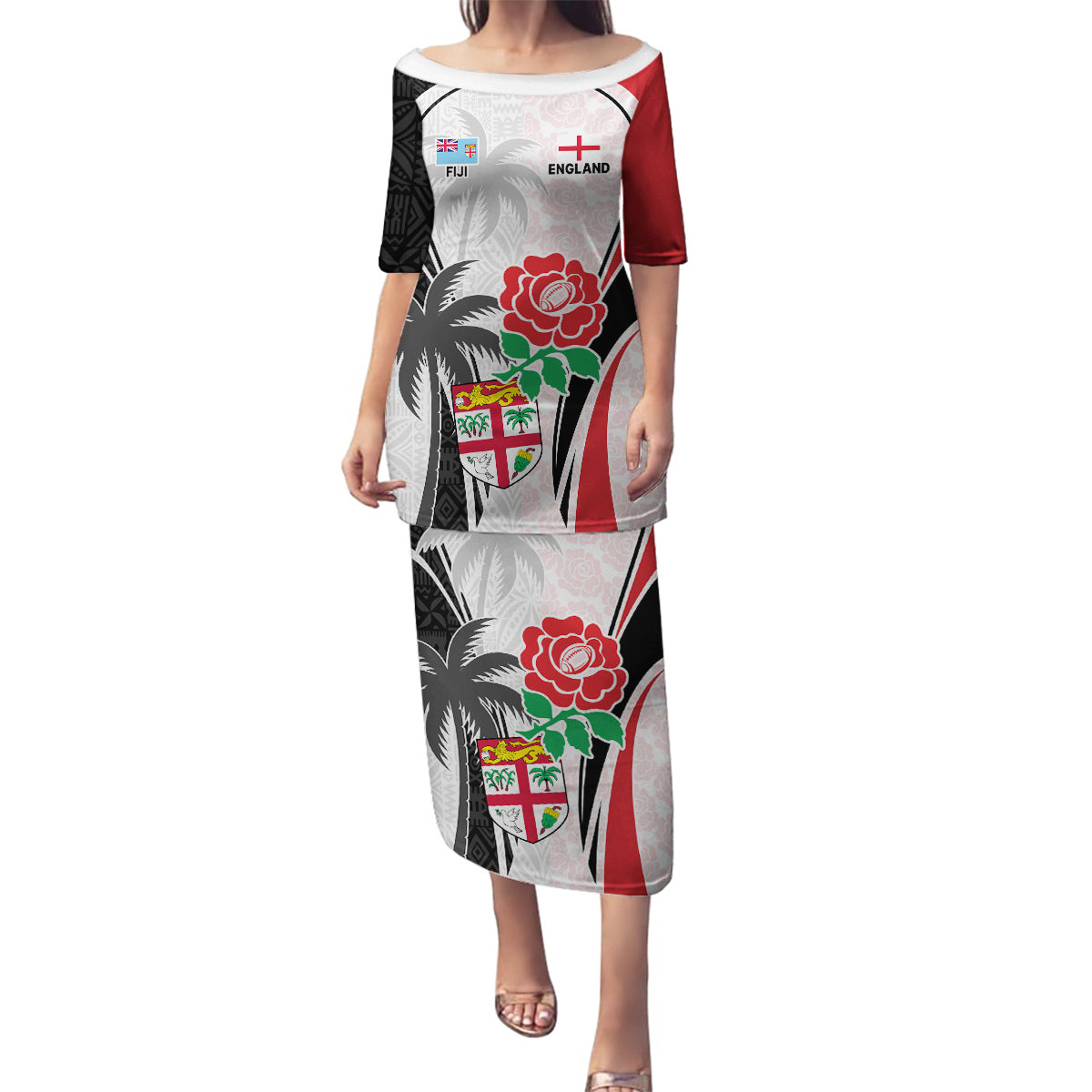 Custom Fiji England Rugby Family Matching Puletasi Dress and Hawaiian Shirt Tapa Pattern and Rose Flower World Cup 2023 - Wonder Print Shop