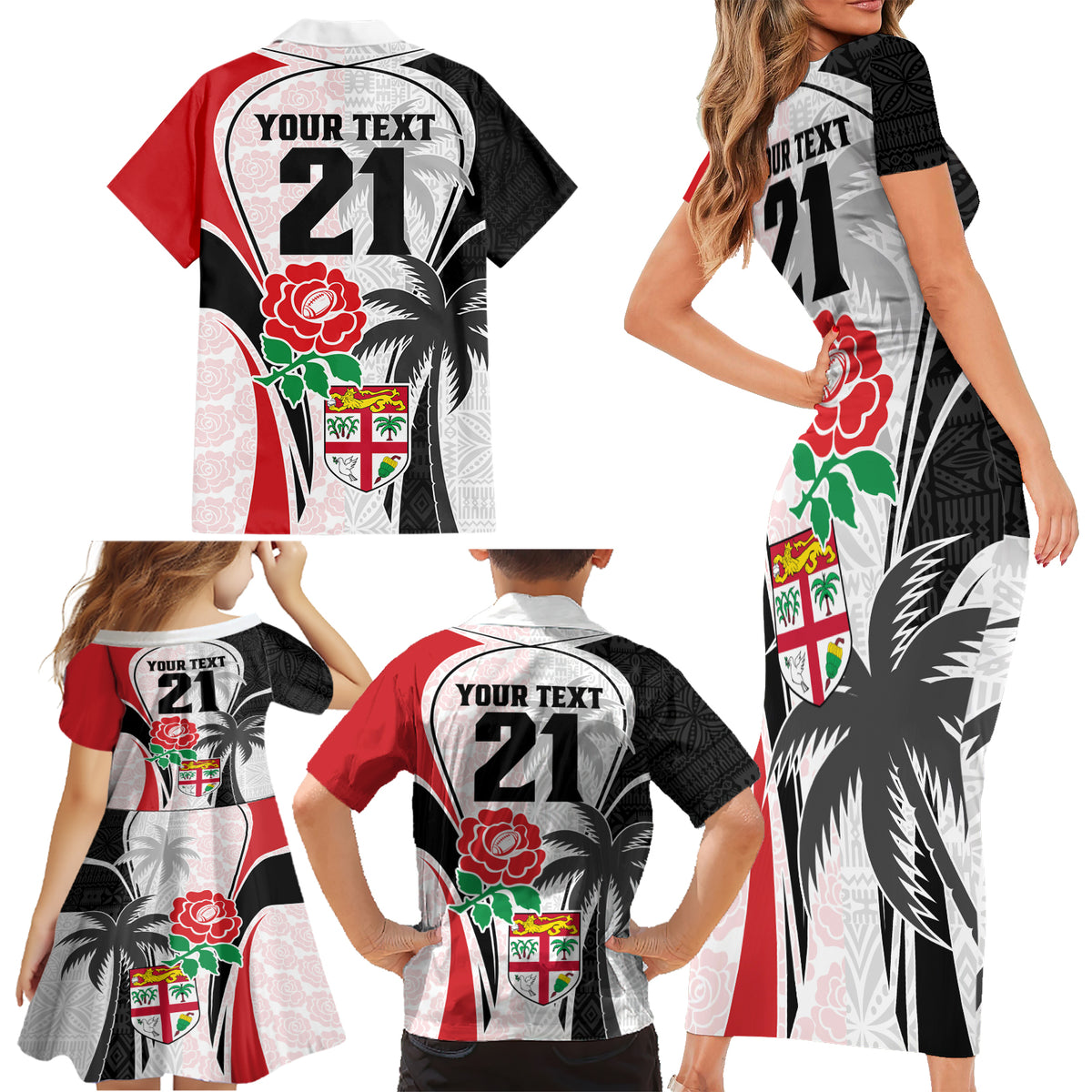 Custom Fiji England Rugby Family Matching Short Sleeve Bodycon Dress and Hawaiian Shirt Tapa Pattern and Rose Flower World Cup 2023 - Wonder Print Shop