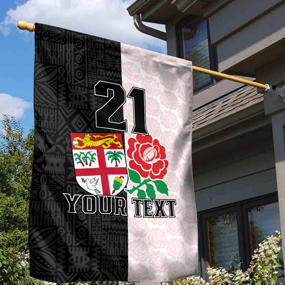 Custom Fiji England Rugby Garden Flag Tapa Pattern and Rose Flower World Cup 2023 - Wonder Print Shop
