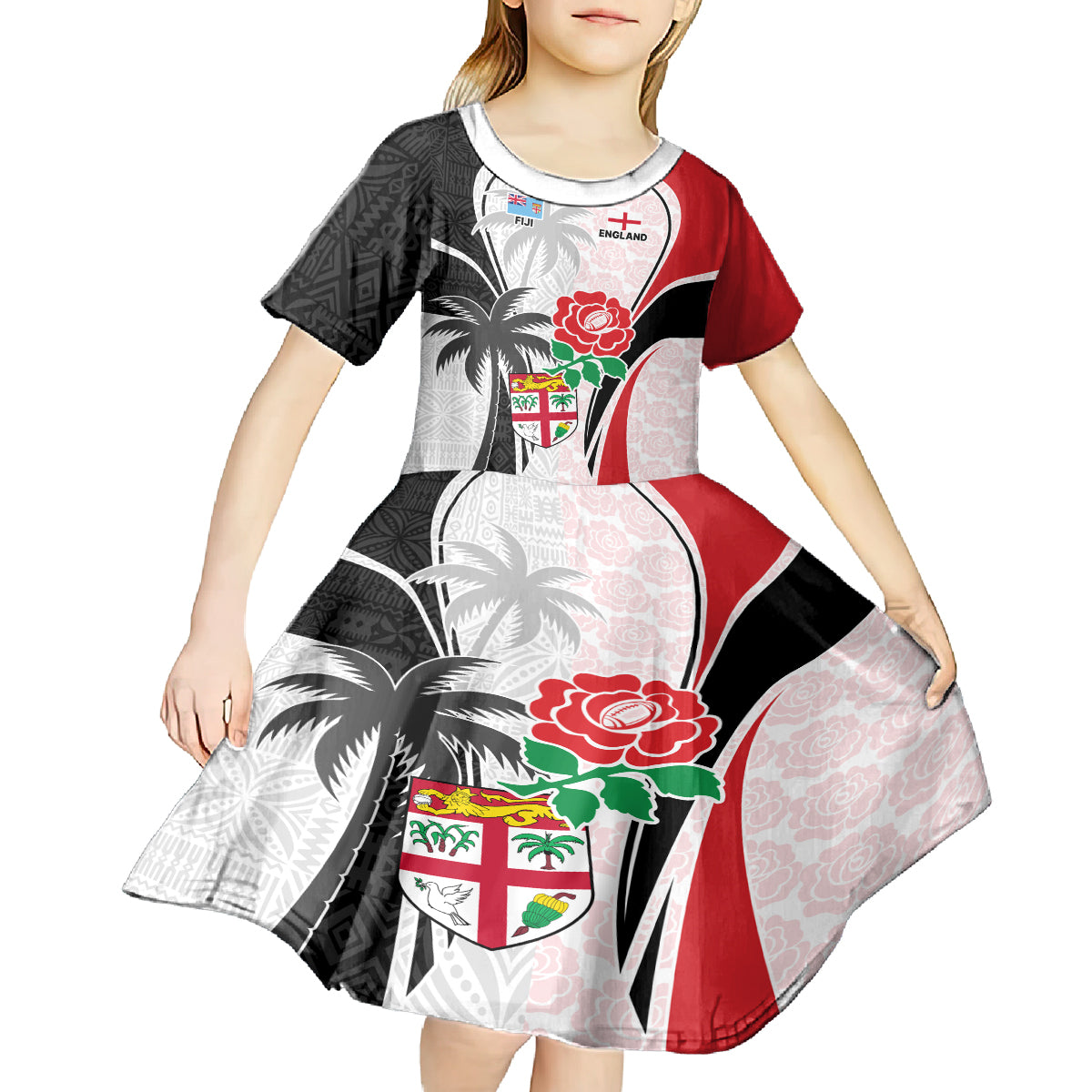 Custom Fiji England Rugby Kid Short Sleeve Dress Tapa Pattern and Rose Flower World Cup 2023 - Wonder Print Shop