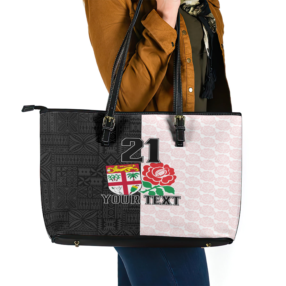 Custom Fiji England Rugby Leather Tote Bag Tapa Pattern and Rose Flower World Cup 2023 - Wonder Print Shop