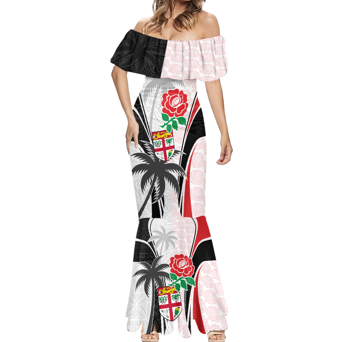 Custom Fiji England Rugby Mermaid Dress Tapa Pattern and Rose Flower World Cup 2023 - Wonder Print Shop