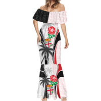 Custom Fiji England Rugby Mermaid Dress Tapa Pattern and Rose Flower World Cup 2023 - Wonder Print Shop