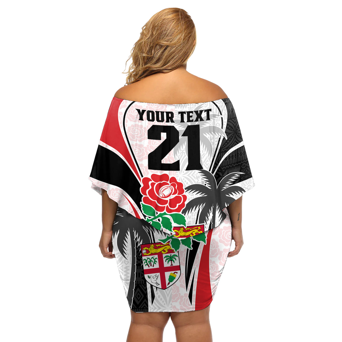 Custom Fiji England Rugby Off Shoulder Short Dress Tapa Pattern and Rose Flower World Cup 2023 - Wonder Print Shop