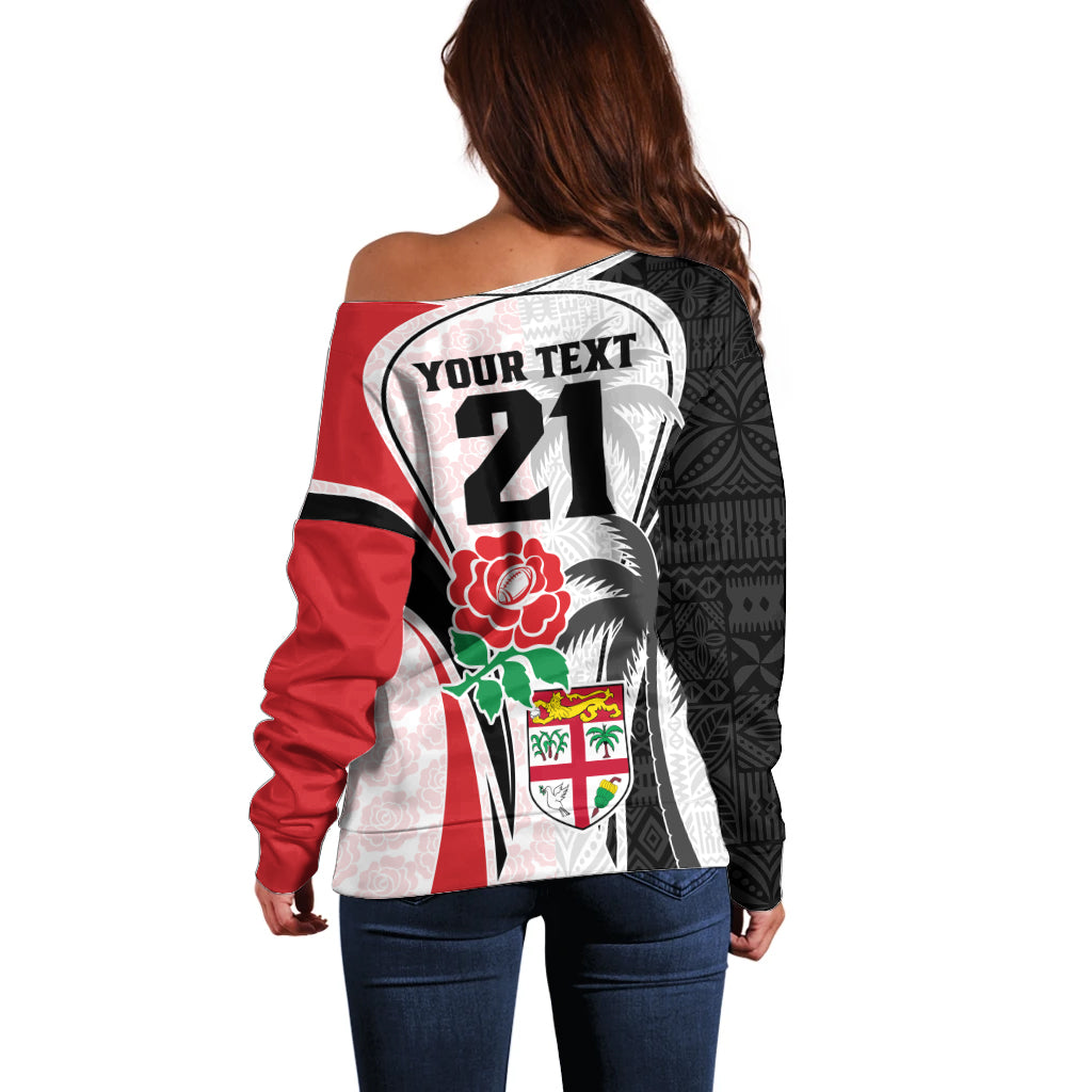 Custom Fiji England Rugby Off Shoulder Sweater Tapa Pattern and Rose Flower World Cup 2023 - Wonder Print Shop