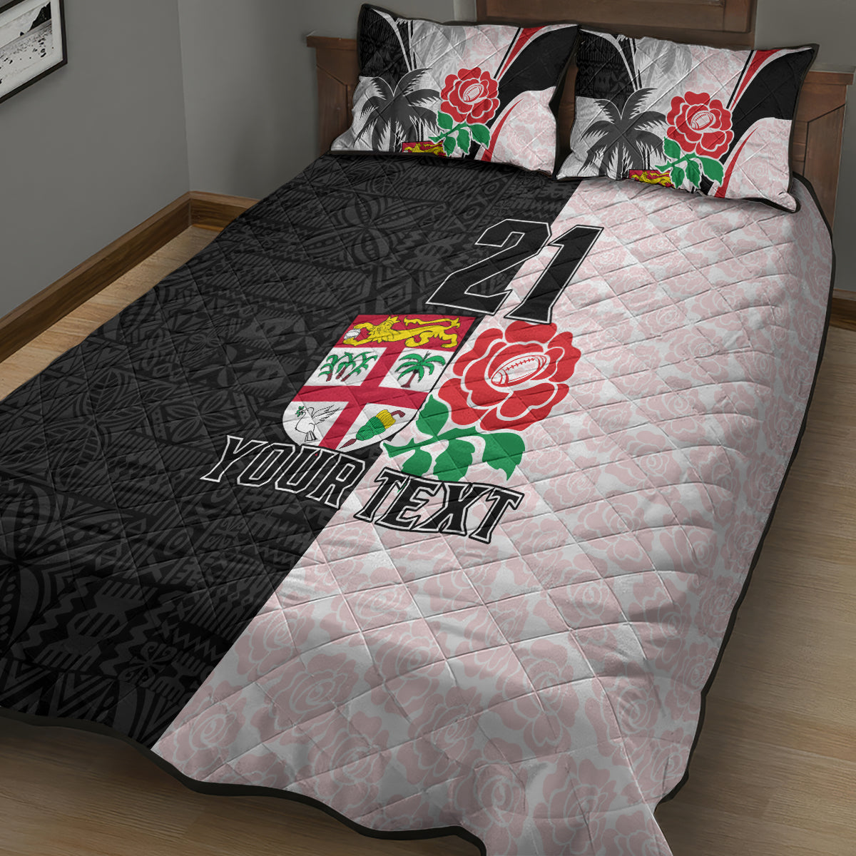 Custom Fiji England Rugby Quilt Bed Set Tapa Pattern and Rose Flower World Cup 2023 - Wonder Print Shop