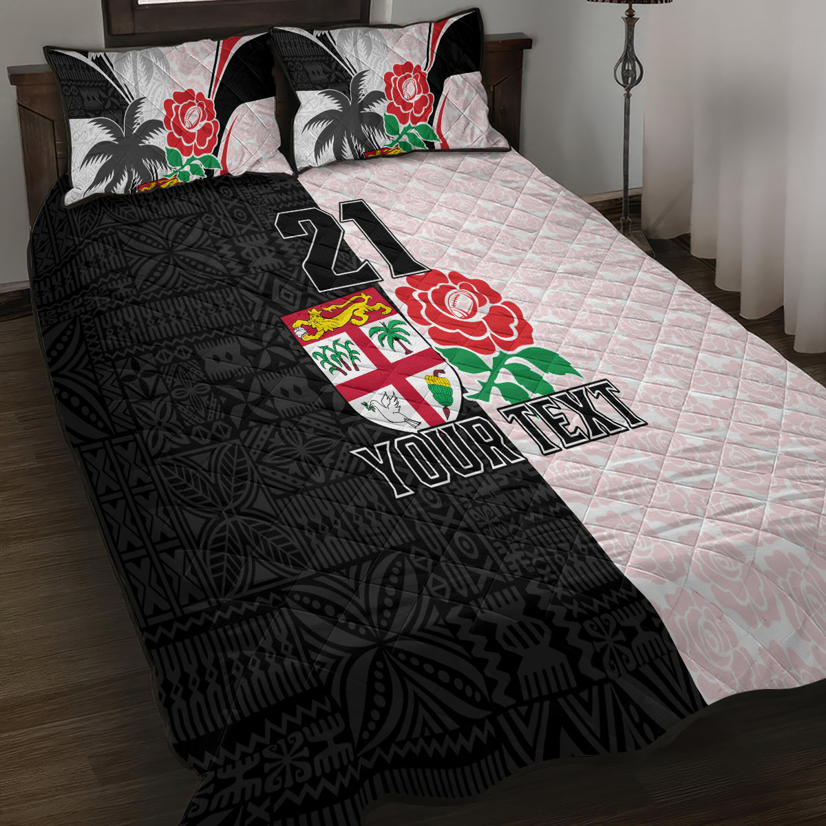 Custom Fiji England Rugby Quilt Bed Set Tapa Pattern and Rose Flower World Cup 2023 - Wonder Print Shop