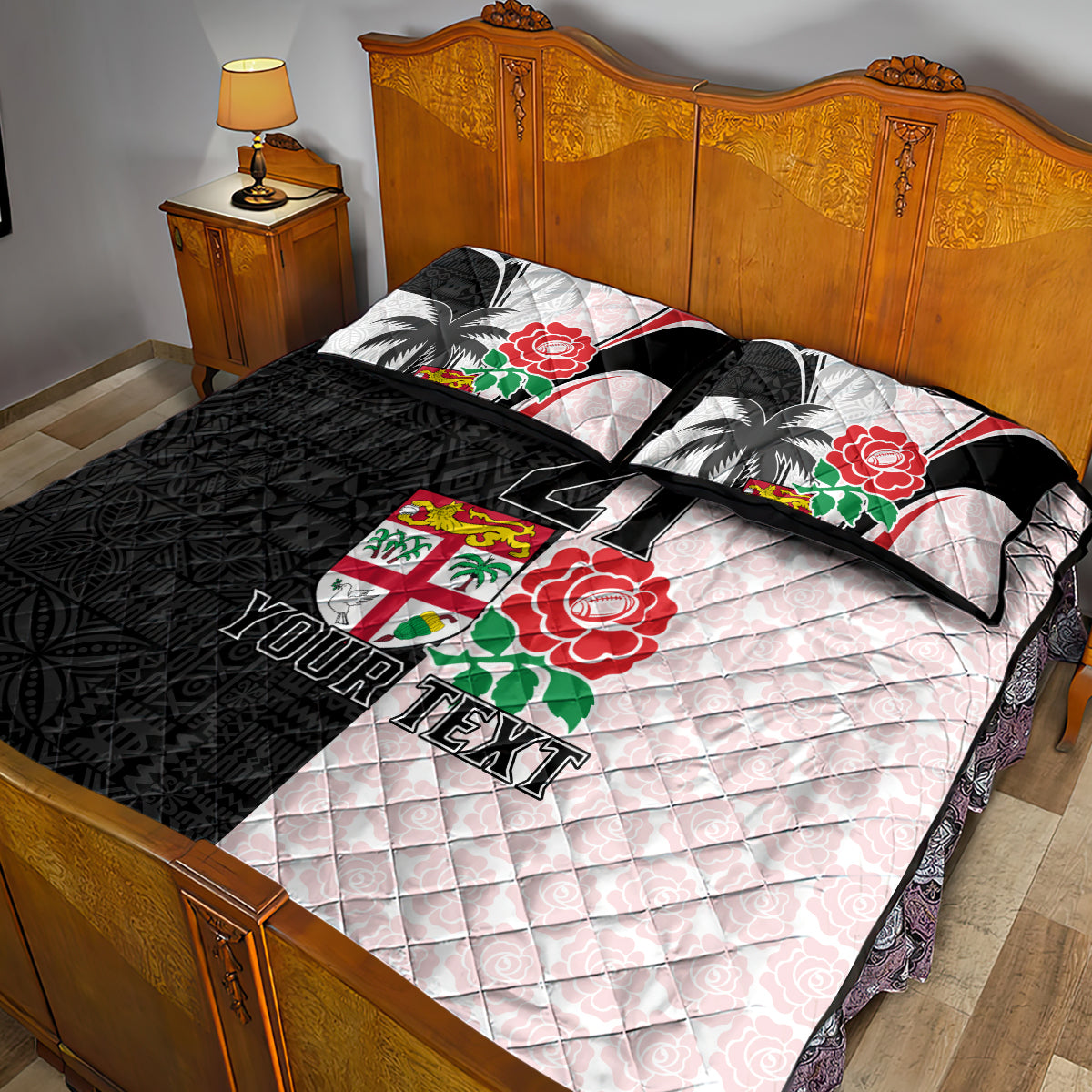Custom Fiji England Rugby Quilt Bed Set Tapa Pattern and Rose Flower World Cup 2023 - Wonder Print Shop
