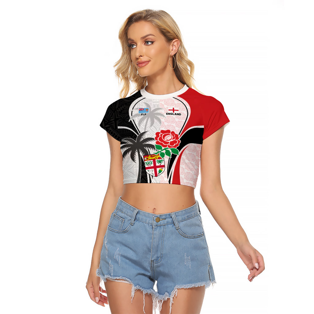 Custom Fiji England Rugby Raglan Cropped T Shirt Tapa Pattern and Rose Flower World Cup 2023 - Wonder Print Shop