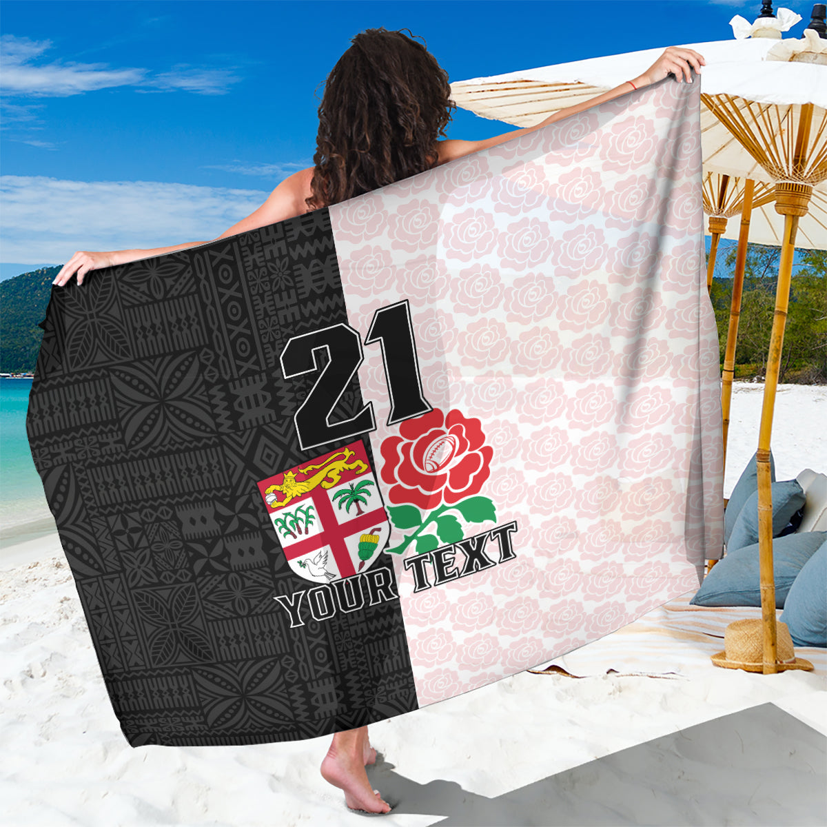 Custom Fiji England Rugby Sarong Tapa Pattern and Rose Flower World Cup 2023 - Wonder Print Shop