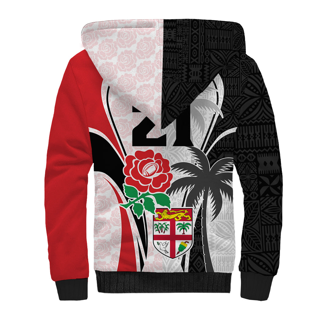Custom Fiji England Rugby Sherpa Hoodie Tapa Pattern and Rose Flower World Cup 2023 - Wonder Print Shop