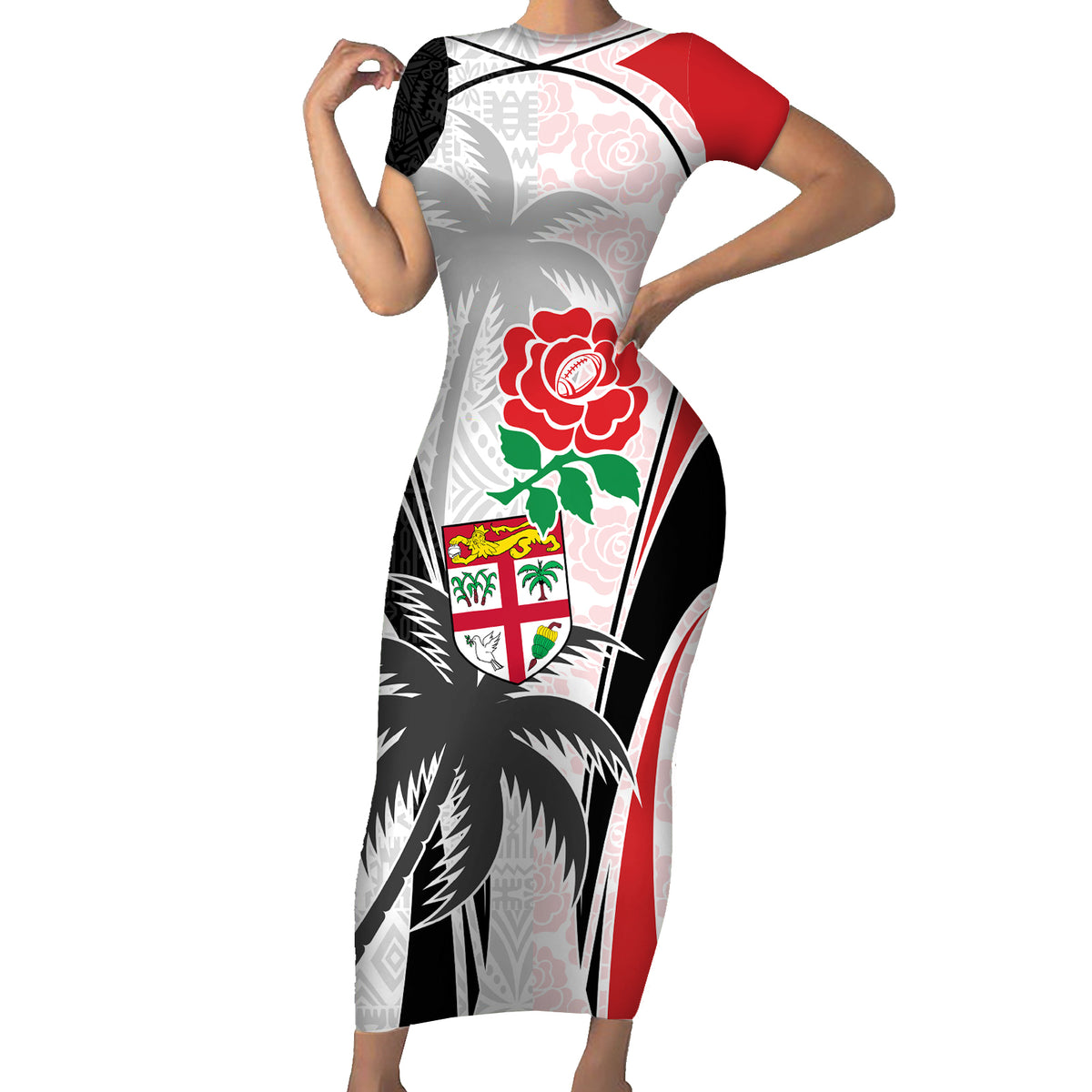 Custom Fiji England Rugby Short Sleeve Bodycon Dress Tapa Pattern and Rose Flower World Cup 2023 - Wonder Print Shop