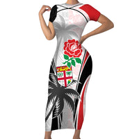 Custom Fiji England Rugby Short Sleeve Bodycon Dress Tapa Pattern and Rose Flower World Cup 2023 - Wonder Print Shop