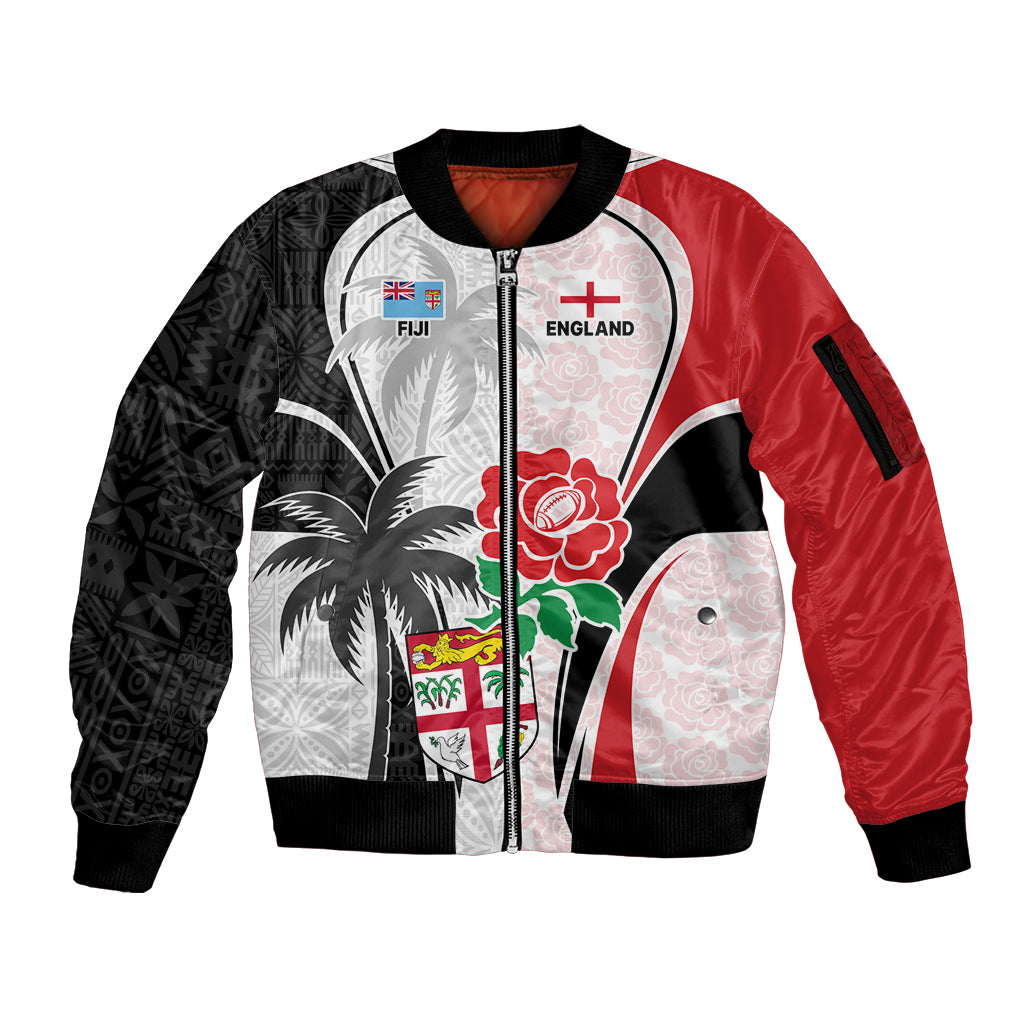 Custom Fiji England Rugby Sleeve Zip Bomber Jacket Tapa Pattern and Rose Flower World Cup 2023 - Wonder Print Shop