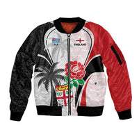 Custom Fiji England Rugby Sleeve Zip Bomber Jacket Tapa Pattern and Rose Flower World Cup 2023 - Wonder Print Shop