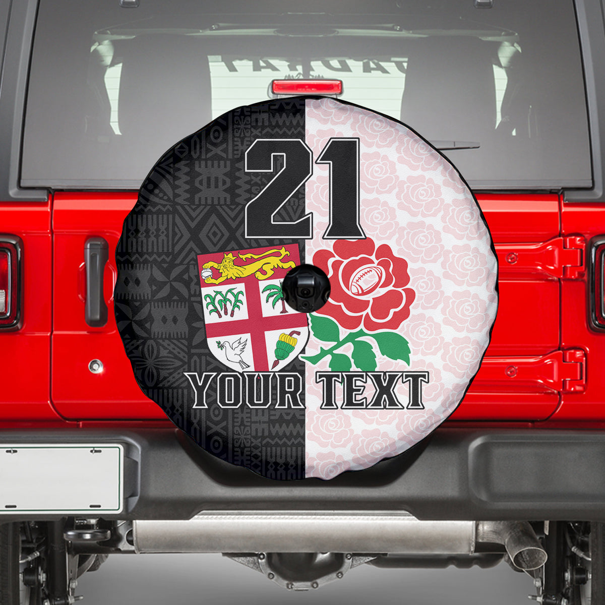 Custom Fiji England Rugby Spare Tire Cover Tapa Pattern and Rose Flower World Cup 2023 - Wonder Print Shop
