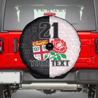Custom Fiji England Rugby Spare Tire Cover Tapa Pattern and Rose Flower World Cup 2023 - Wonder Print Shop