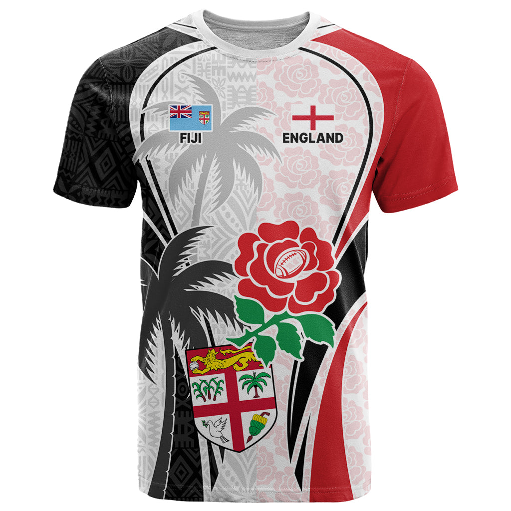 Custom Fiji England Rugby T Shirt Tapa Pattern and Rose Flower World Cup 2023 - Wonder Print Shop