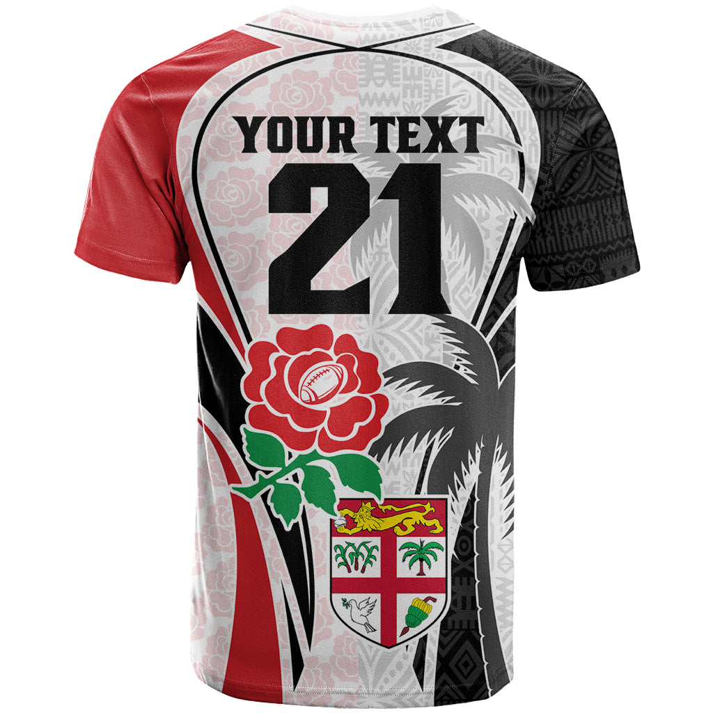 Custom Fiji England Rugby T Shirt Tapa Pattern and Rose Flower World Cup 2023 - Wonder Print Shop