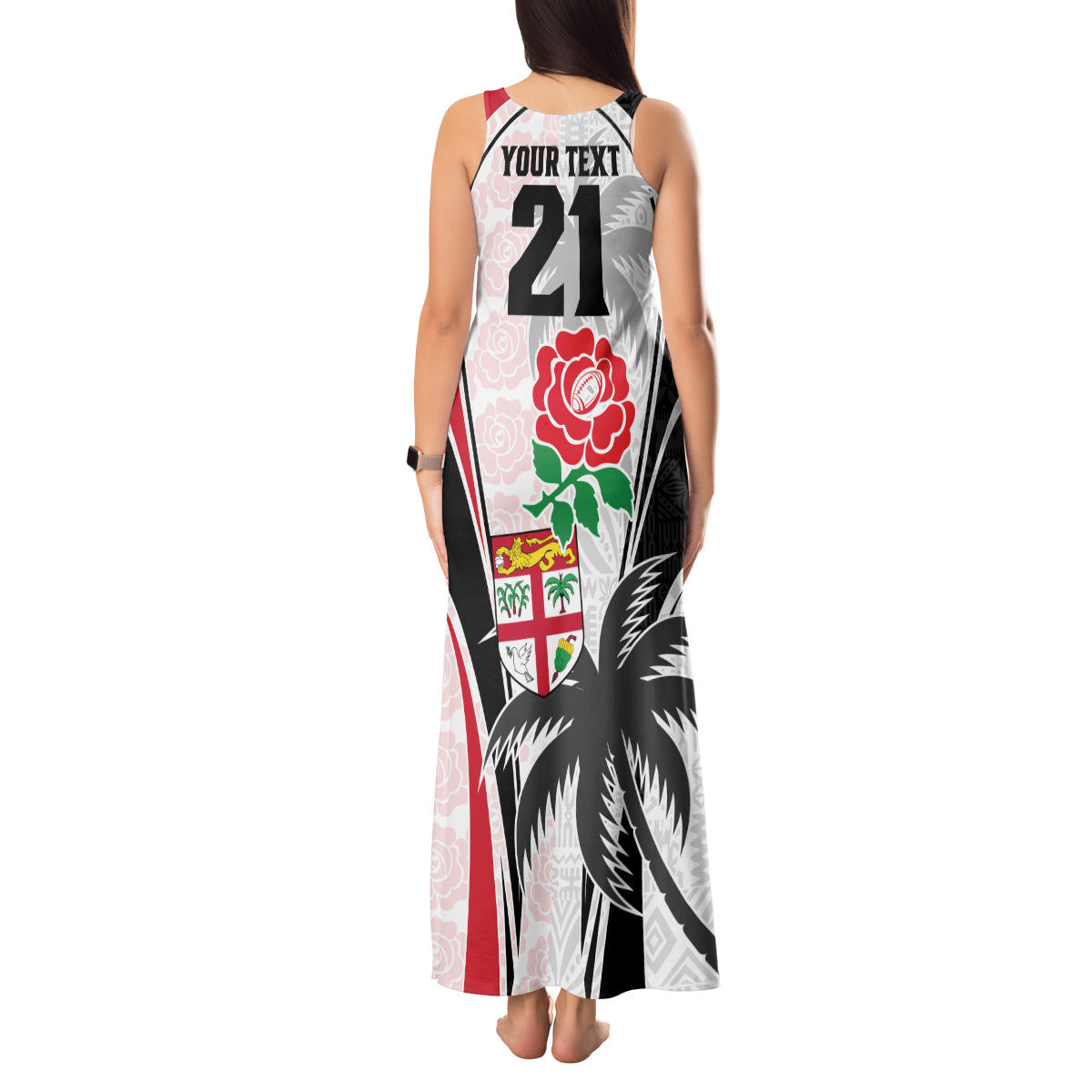 Custom Fiji England Rugby Tank Maxi Dress Tapa Pattern and Rose Flower World Cup 2023 - Wonder Print Shop