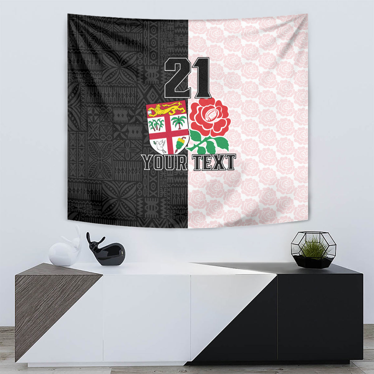 Custom Fiji England Rugby Tapestry Tapa Pattern and Rose Flower World Cup 2023 - Wonder Print Shop