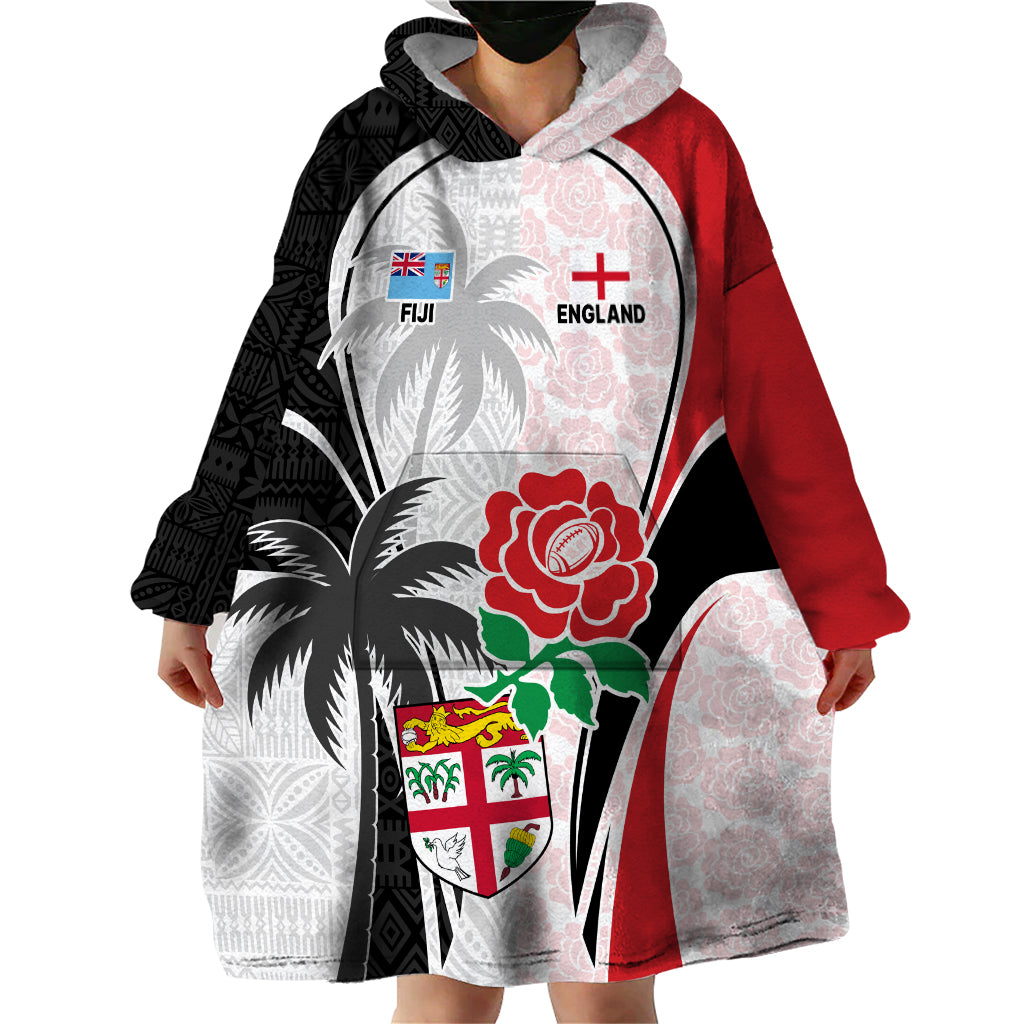 Custom Fiji England Rugby Wearable Blanket Hoodie Tapa Pattern and Rose Flower World Cup 2023 - Wonder Print Shop