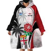 Custom Fiji England Rugby Wearable Blanket Hoodie Tapa Pattern and Rose Flower World Cup 2023 - Wonder Print Shop