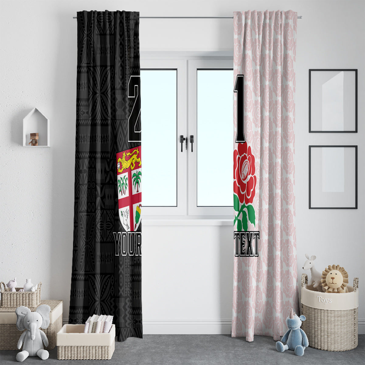 Custom Fiji England Rugby Window Curtain Tapa Pattern and Rose Flower World Cup 2023 - Wonder Print Shop