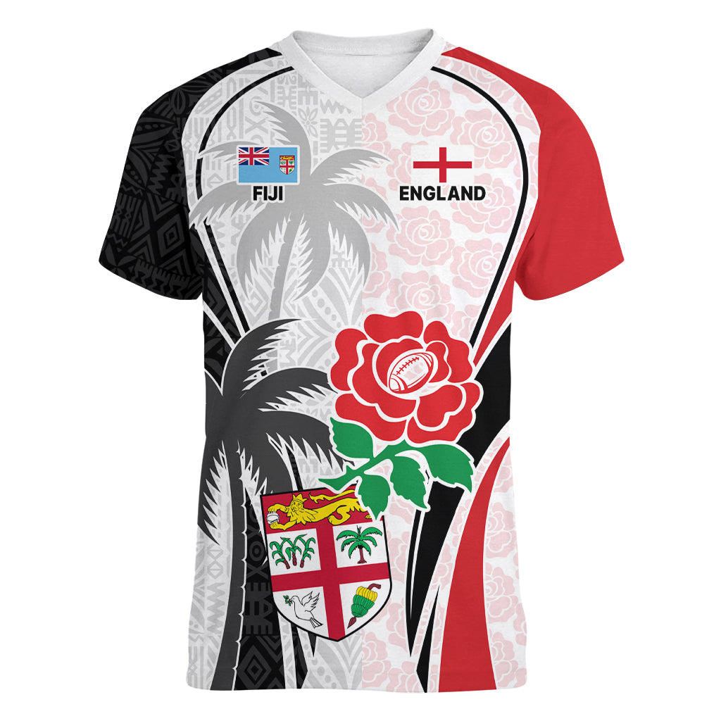 Custom Fiji England Rugby Women V Neck T Shirt Tapa Pattern and Rose Flower World Cup 2023 - Wonder Print Shop